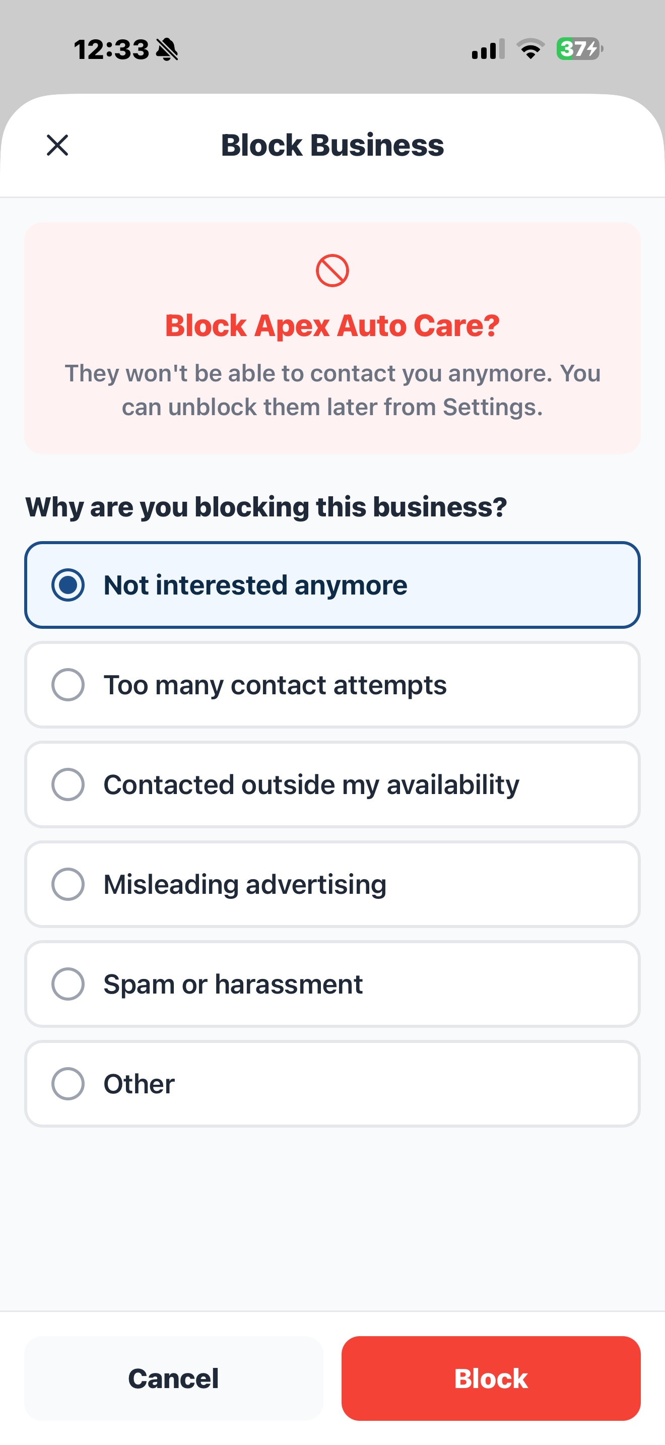 BizLoops Block businesses screen