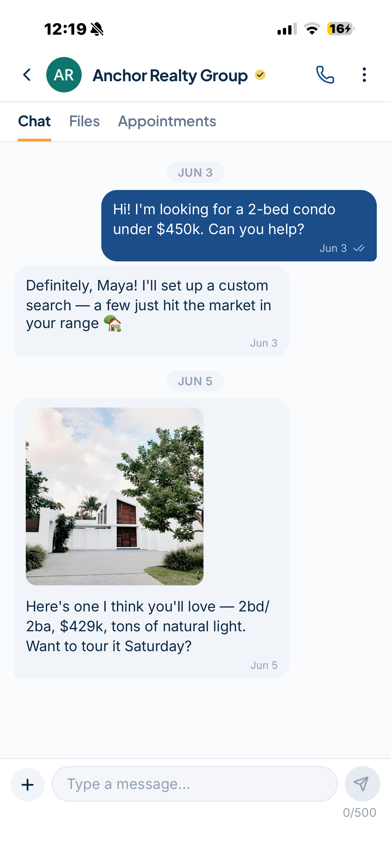 Chat thread with a shared photo