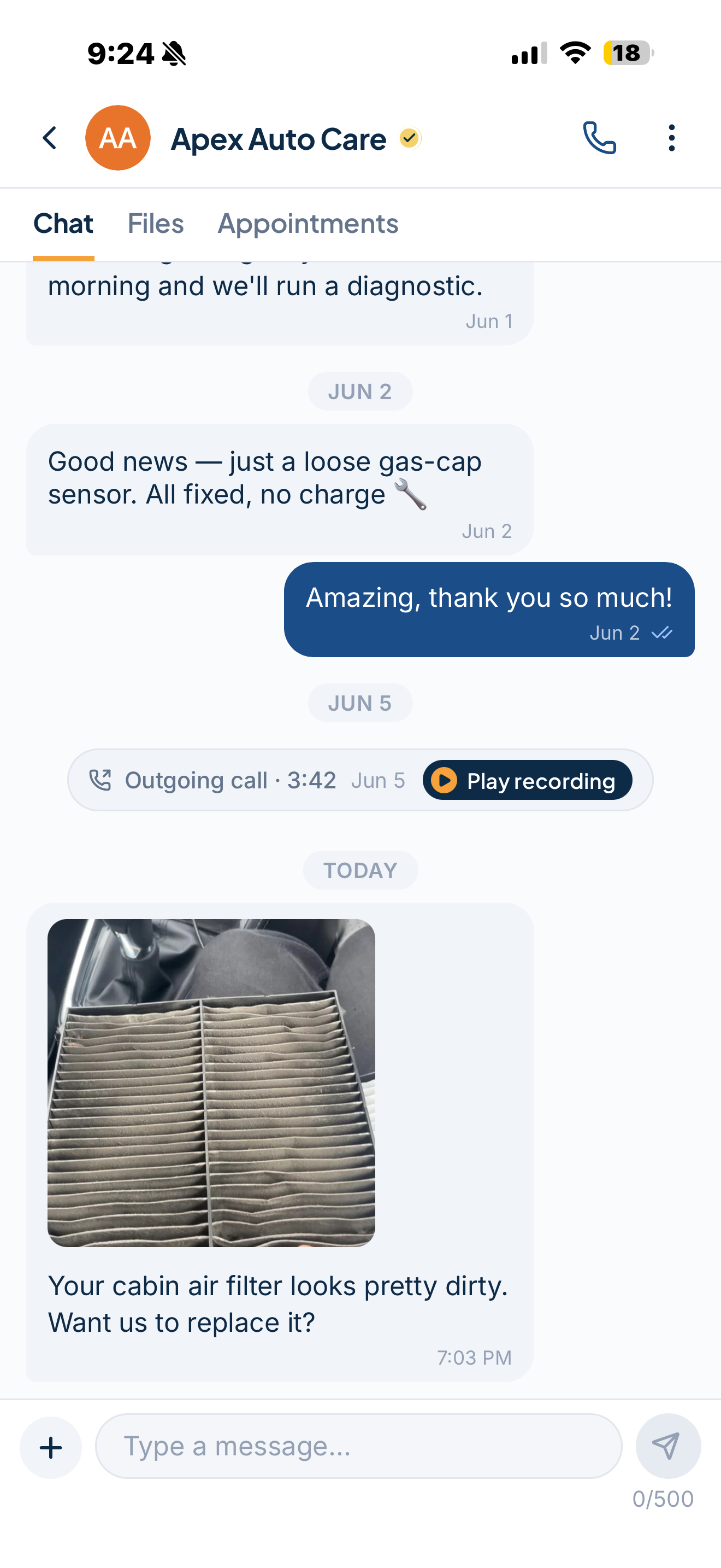 Chat thread with Apex Auto Care
